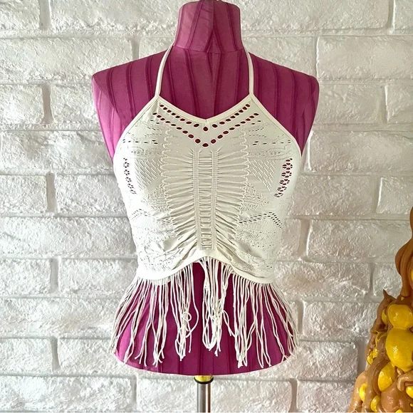 NWT Free People Cream Cropped Fringed Tank Top Sz M/L - Picture 1 of 4